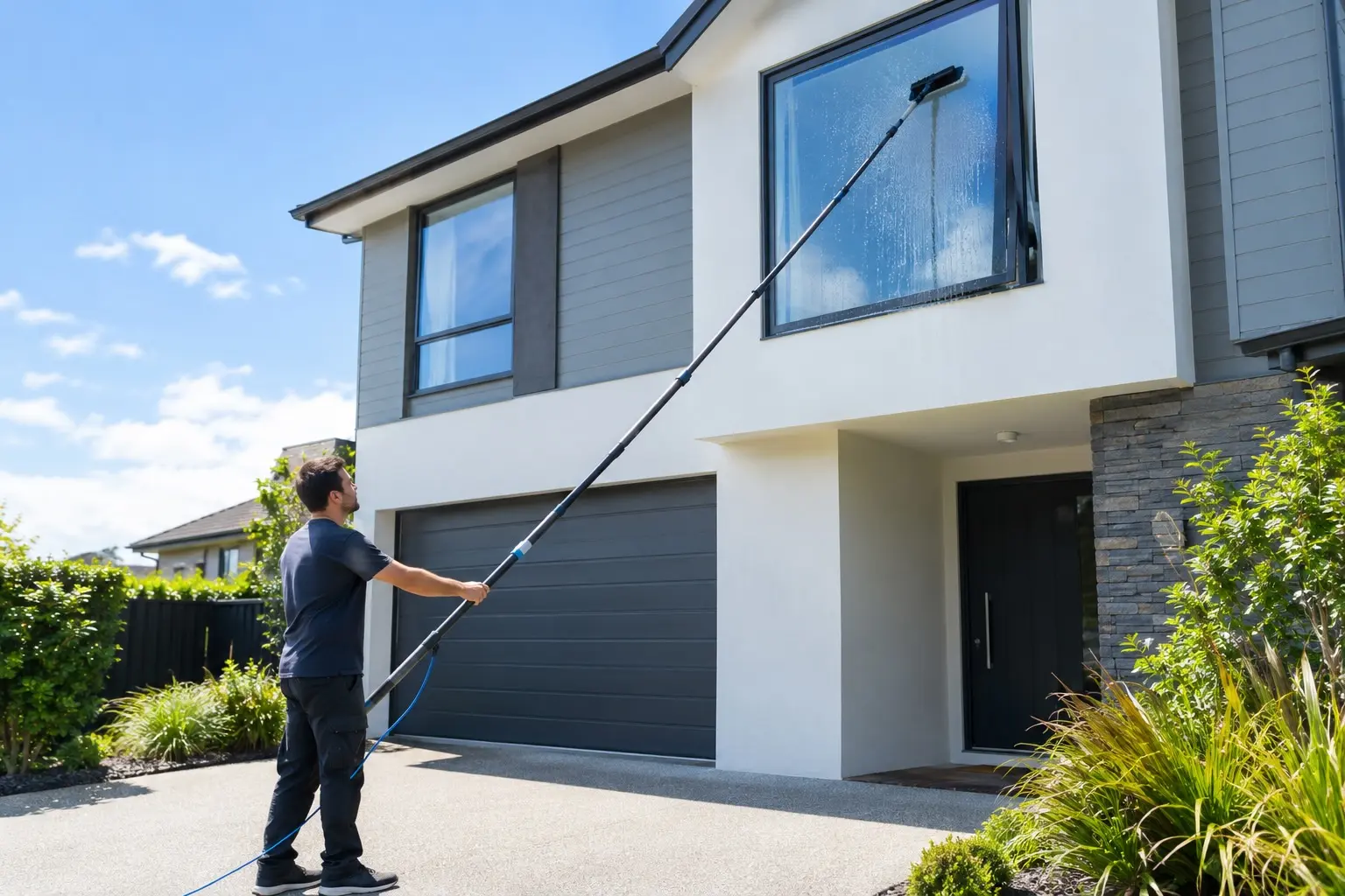 Person cleanning a second floor window